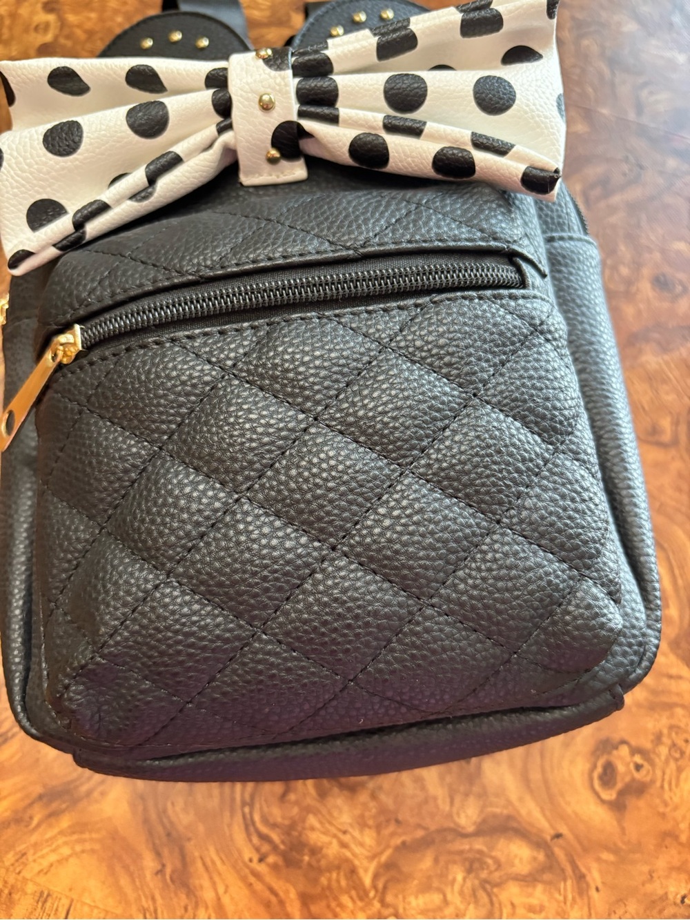Olivia & Kate Black Mini Backpack Polka Dot Bow Gold Studded Minnie Mouse Ears - Picture 5 of 11